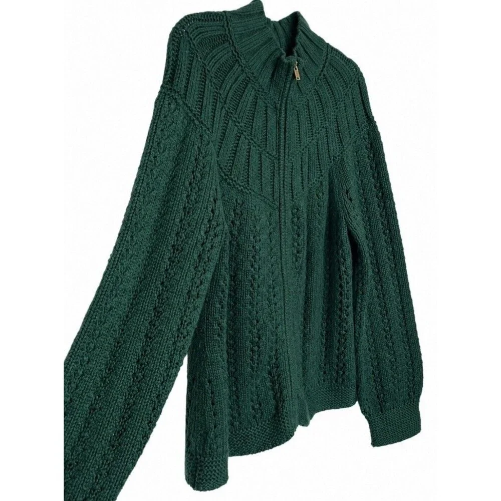 Talbots Women’s L Green Open Knit Full Zip Cardigan Sweater Textured Mock Neck